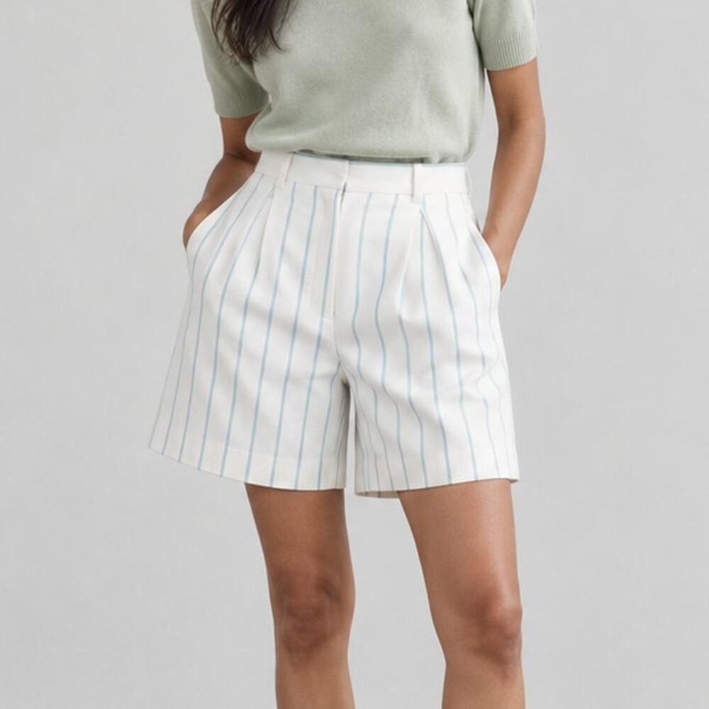 Max Mara Zampino Striped Pleated Bermuda Shorts Womens 10 Cotton/Silk Mid-rise